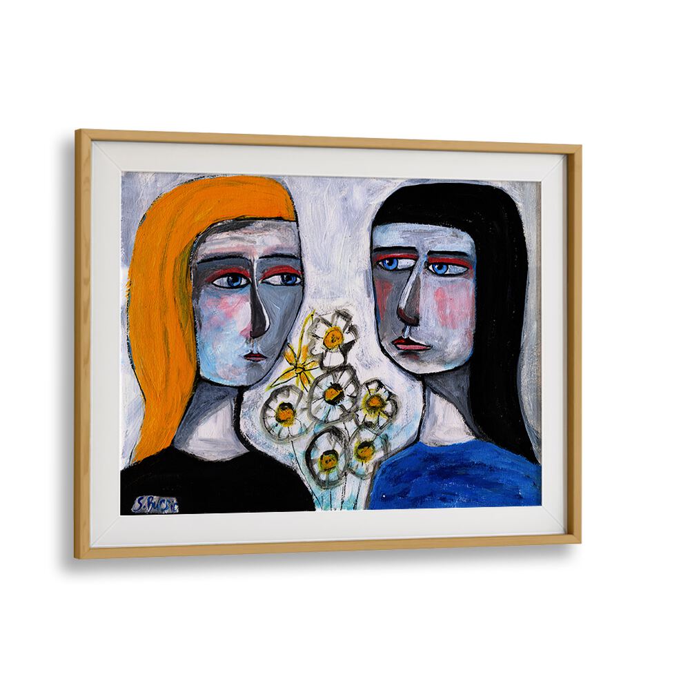 friendship women illustration paintings in Oak Wood Frame With Mount