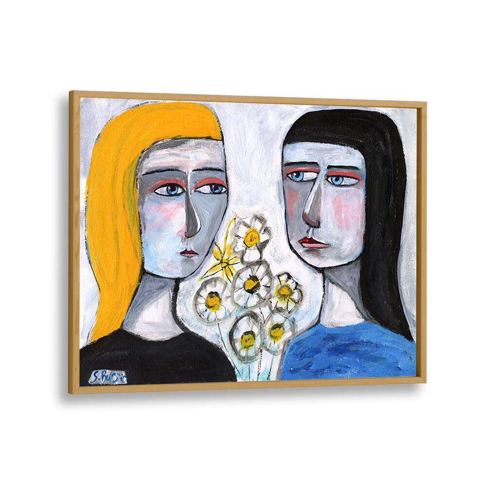 friendship women illustration paintings in Oak Wood Plain Frame