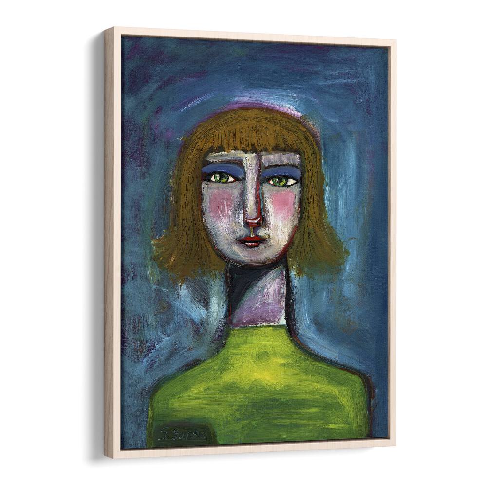 funny face humour women illustration paintings in Oak Wood Floater Frame