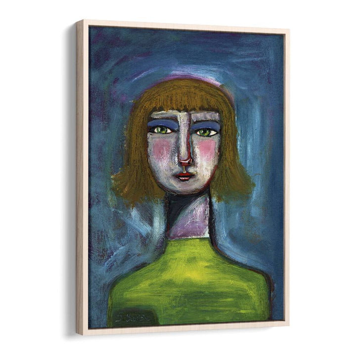 funny face humour women illustration paintings in Oak Wood Floater Frame