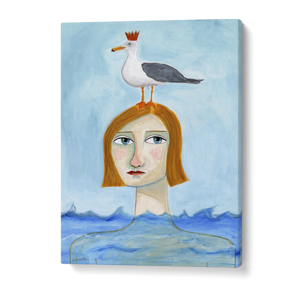 Vintage painting - NUDE LADY IN OCEAN WITH SEAGULL by Asianmonk