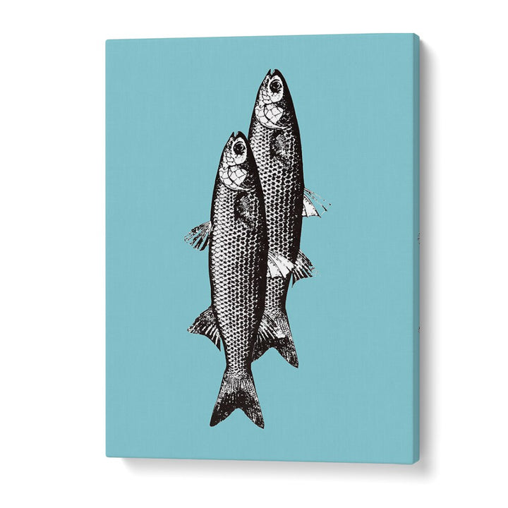 Stylish TWO FISHES, KITCHEN POSTERS design featuring vintage-style fish on a vibrant blue background.