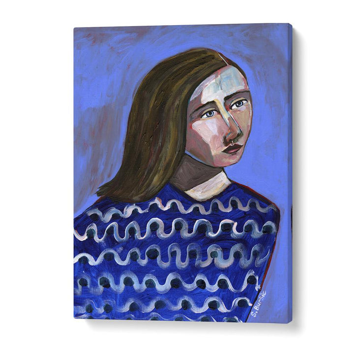 Vintage painting - WOMAN IN BLUE SWEATER NAIVE PORTRAIT FIGURATIVE by Asianmonk