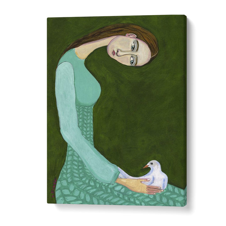 Vintage painting - LADY SITTING WITH WHITE DOVE BIRD WOMAN by Asianmonk