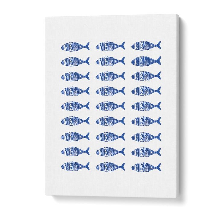 Stylish FISH ROW, BEACH PRINTS featuring a pattern of blue fish, perfect for coastal home decor.