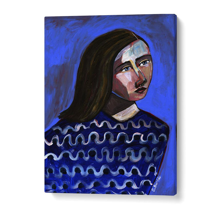 Vintage painting - WOMAN IN BLUE SWEATER NAIVE PORTRAIT FIGURATIVE II by Asianmonk