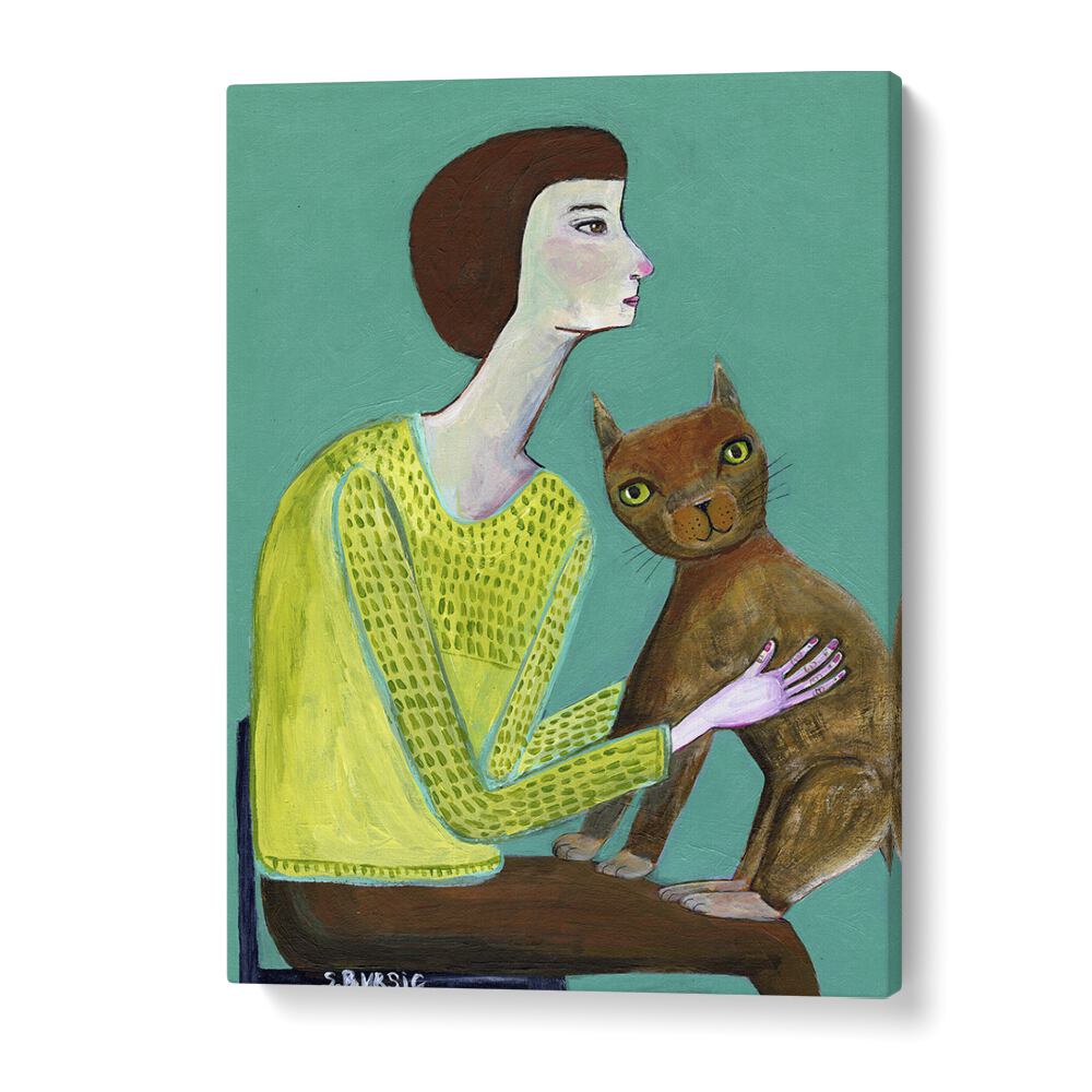 Vintage painting - LADY SITTING WITH BROWN CAT CAT LOVER by Asianmonk