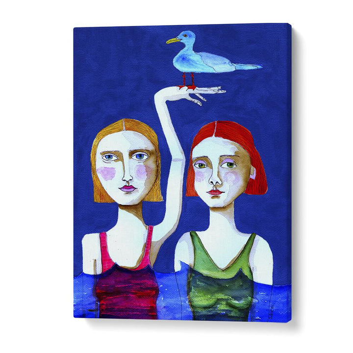 Vintage painting - SWIMMING LADIES WITH BLUE BIRD by Asianmonk