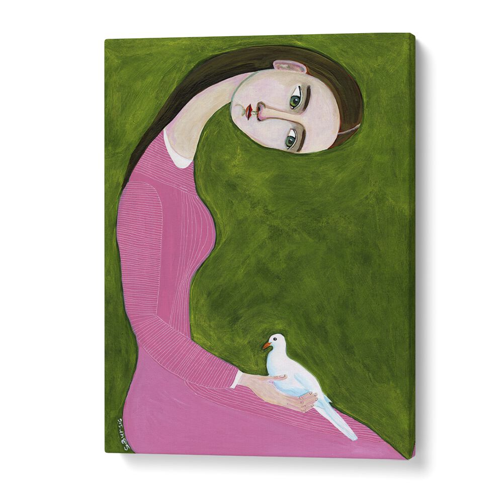 Vintage painting - GIRL WITH DOVE SITTING WITH PINK DRESS by Asianmonk