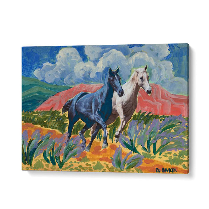 Vibrant horses gallop through a colorful landscape in WATCH THEM RIDE, ANIMAL PAINTINGS collection.