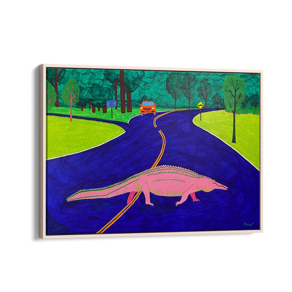gator crossing landscape art prints in Oak Wood Floater Frame