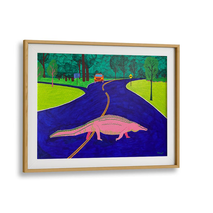 gator crossing landscape art prints in Oak Wood Frame With Mount