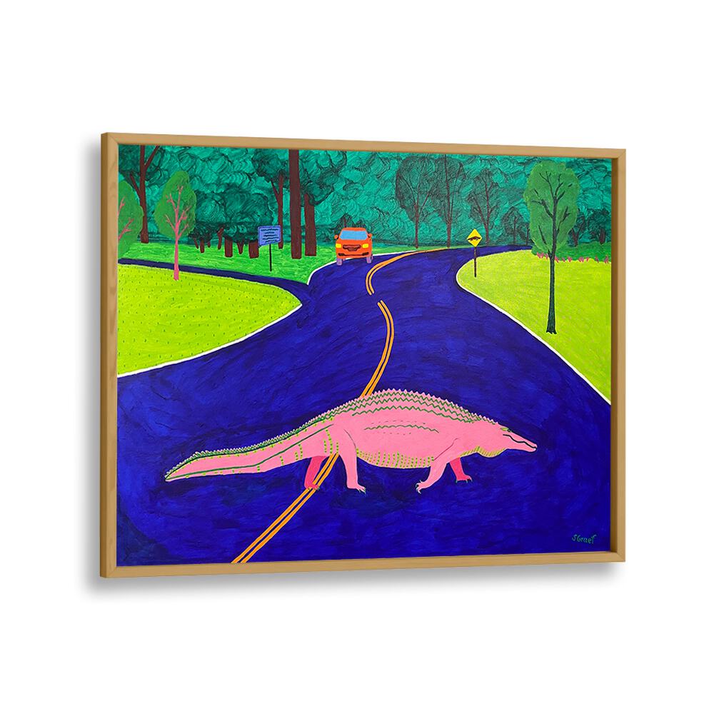 gator crossing landscape art prints in Oak Wood Plain Frame