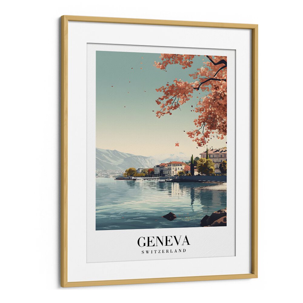 geneva-swiss travel posters in Oak Wood Frame With Mount