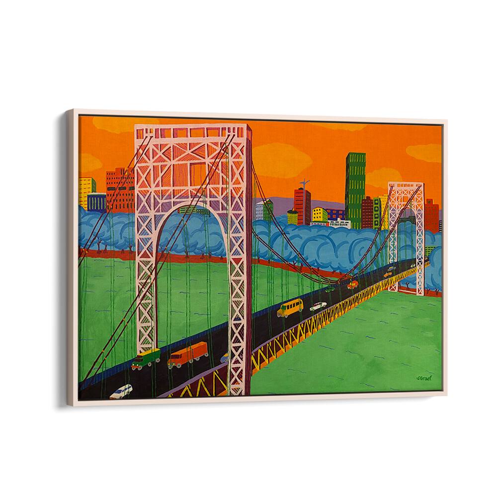 george washington bridge landscape art prints in Oak Wood Floater Frame