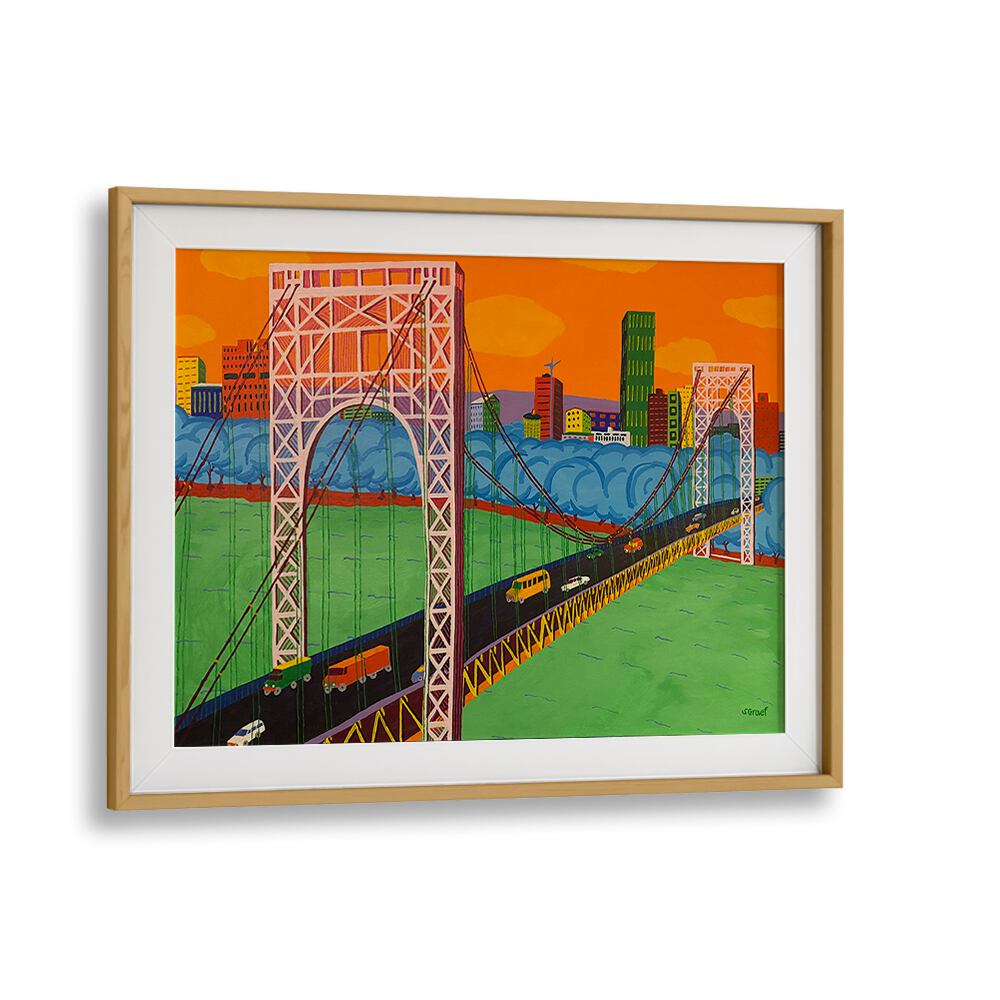 george washington bridge landscape art prints in Oak Wood Frame With Mount