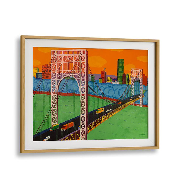 george washington bridge landscape art prints in Oak Wood Frame With Mount