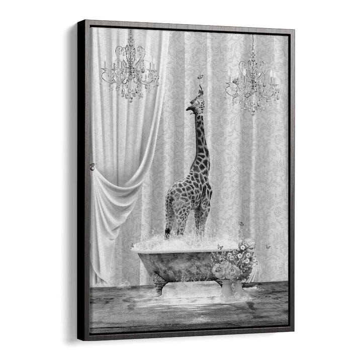 giraffe a bubbles black and white by sue skellern wall art prints in Black Floater Frame