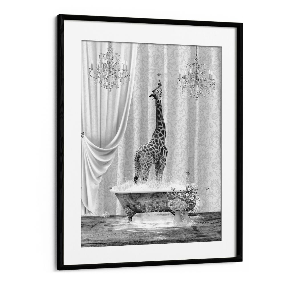 giraffe a bubbles black and white by sue skellern wall art prints in Black Frame With Mount