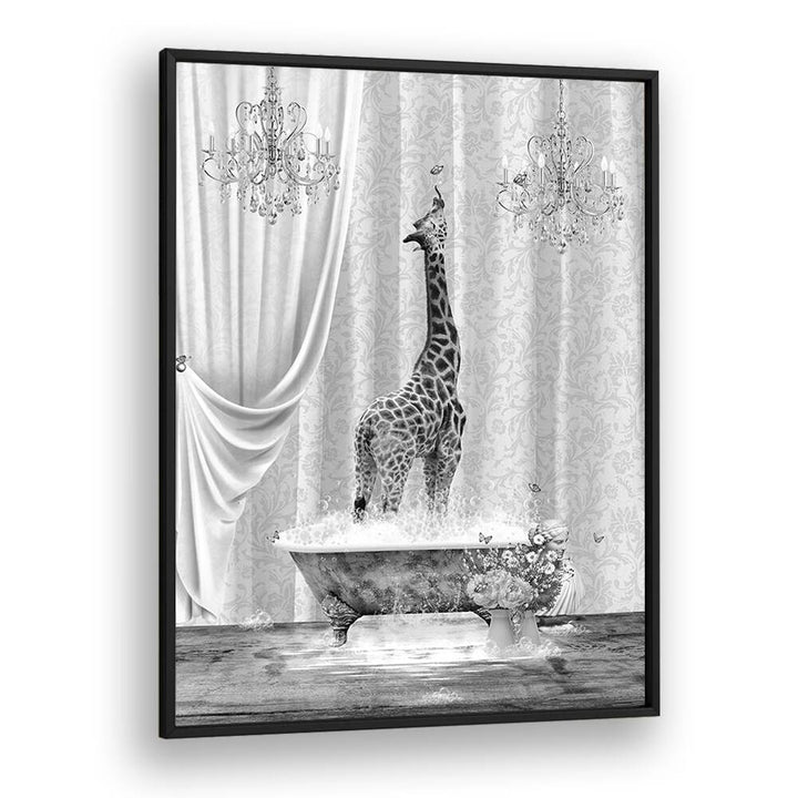 giraffe a bubbles black and white by sue skellern wall art prints in Black Plain Frame