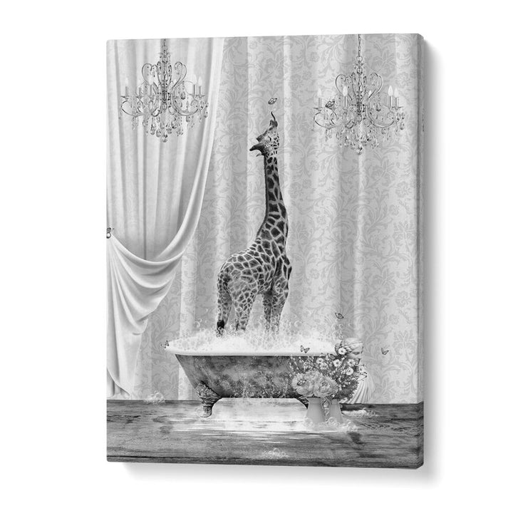 giraffe a bubbles black and white by sue skellern wall art prints in Gallery Wrap