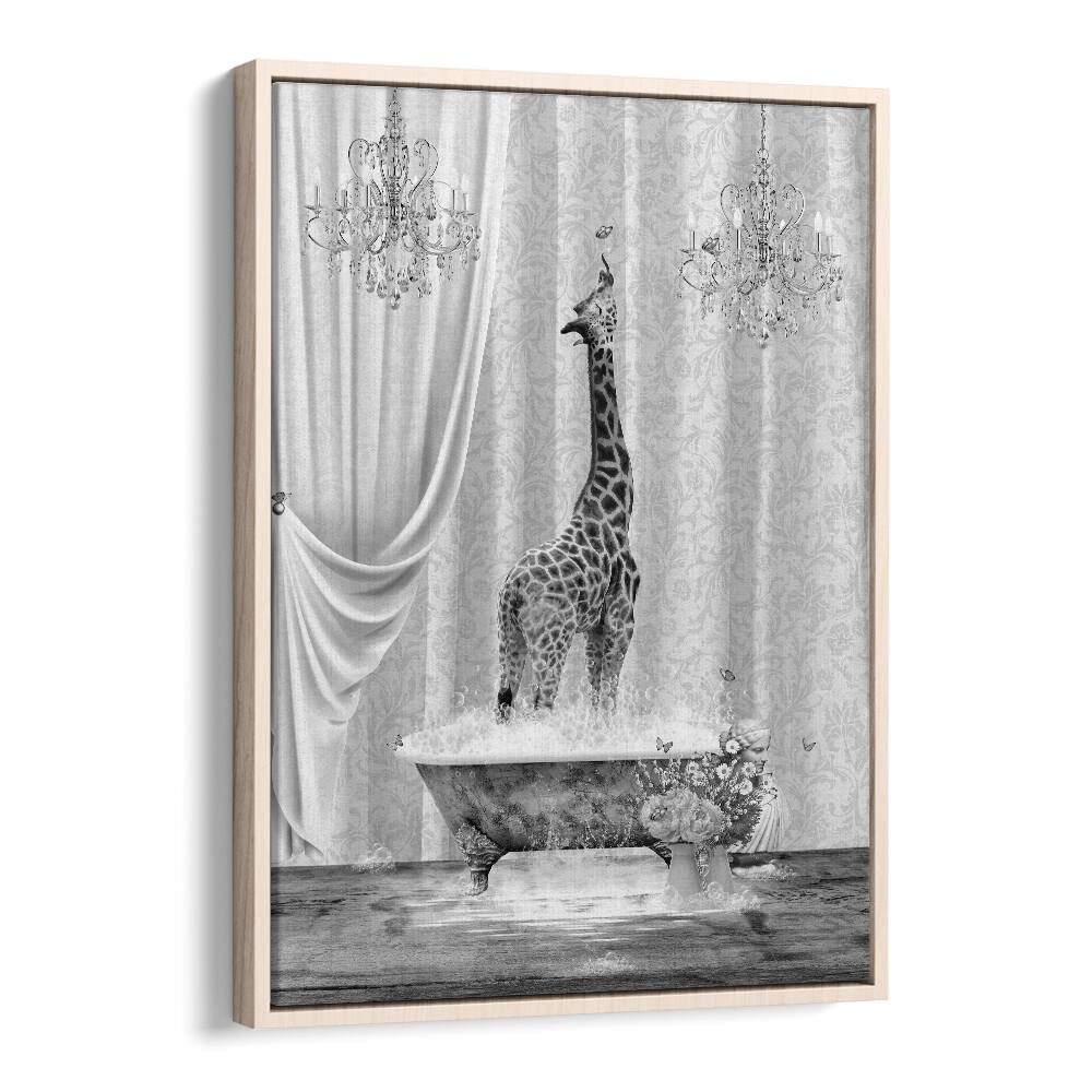 giraffe a bubbles black and white by sue skellern wall art prints in Oak Wood Floater Frame