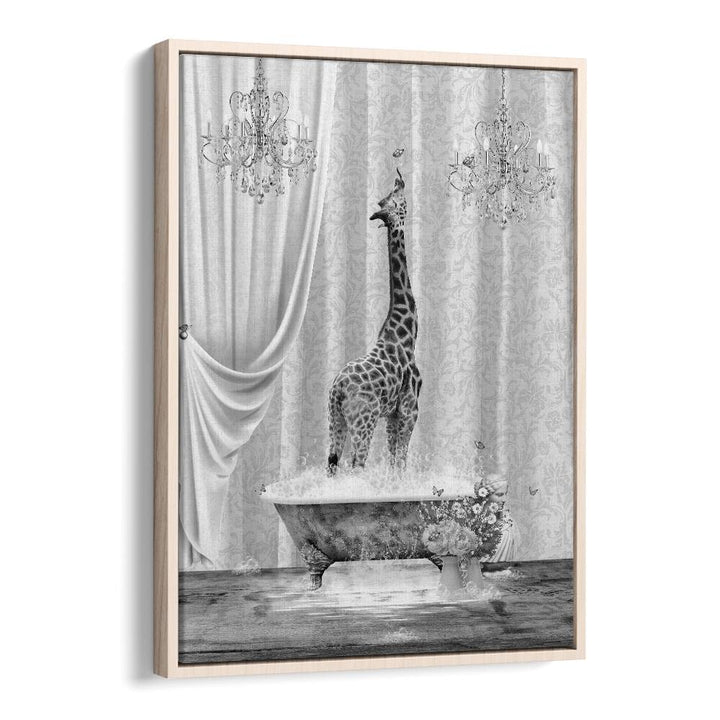 giraffe a bubbles black and white by sue skellern wall art prints in Oak Wood Floater Frame