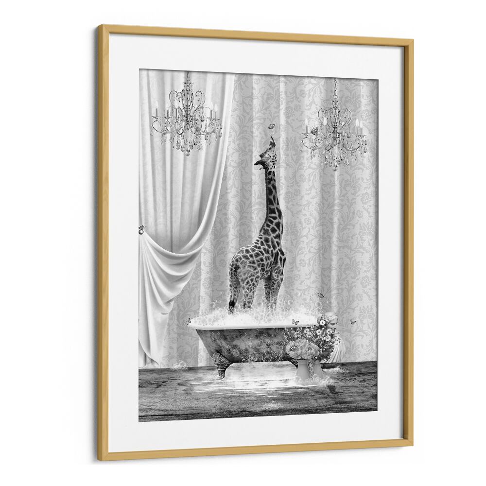 giraffe a bubbles black and white by sue skellern wall art prints in Oak Wood Frame With Mount