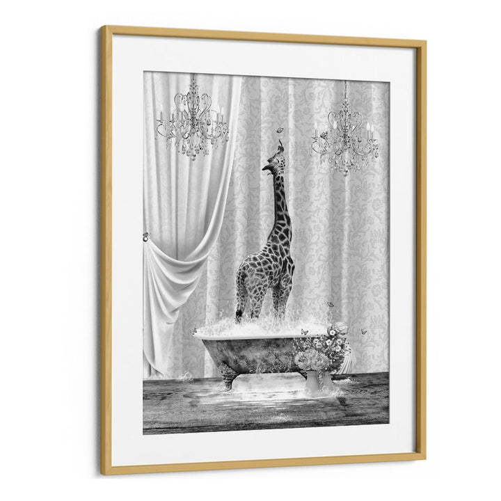 giraffe a bubbles black and white by sue skellern wall art prints in Oak Wood Frame With Mount