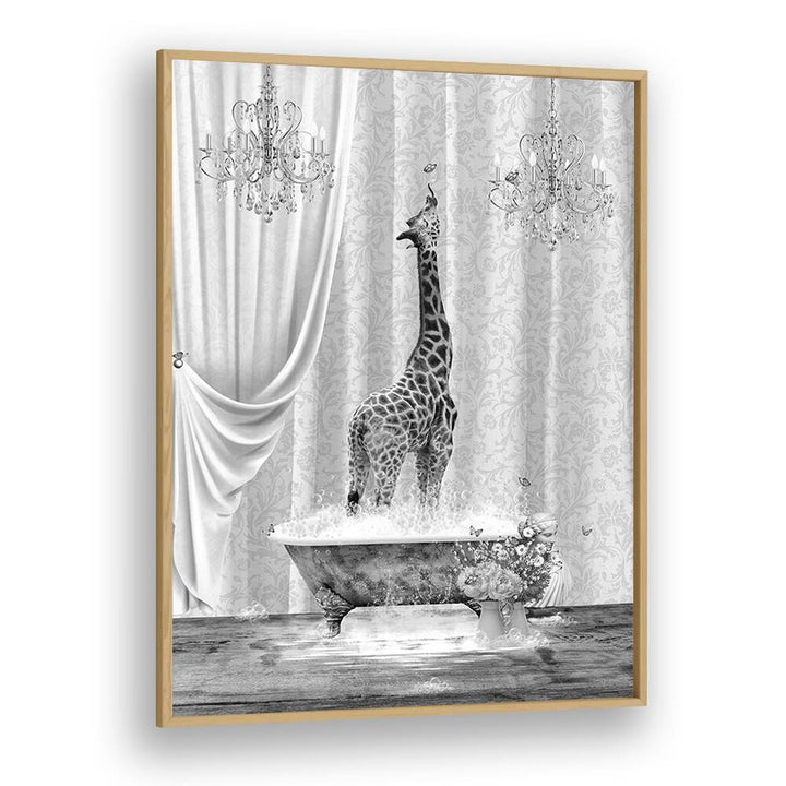 giraffe a bubbles black and white by sue skellern wall art prints in Oak Wood Plain Frame