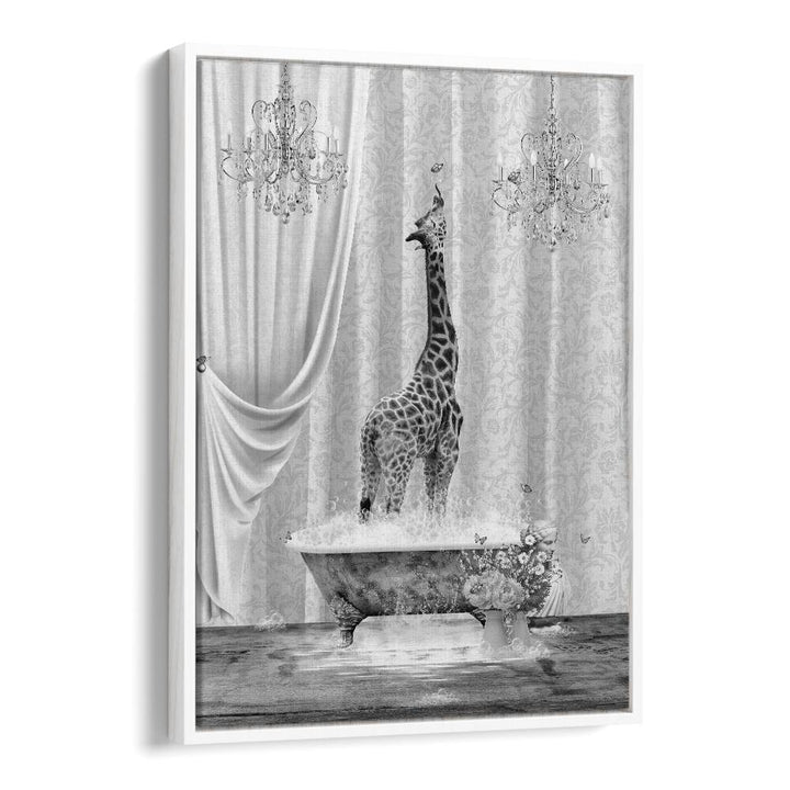 giraffe a bubbles black and white by sue skellern wall art prints in White Floater Frame