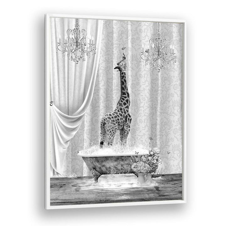 giraffe a bubbles black and white by sue skellern wall art prints in White Plain Frame