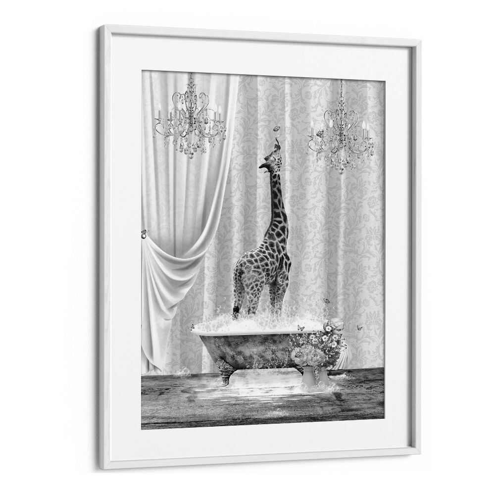 giraffe a bubbles black and whiteby sue skellern wall art prints in White Frame With Mount