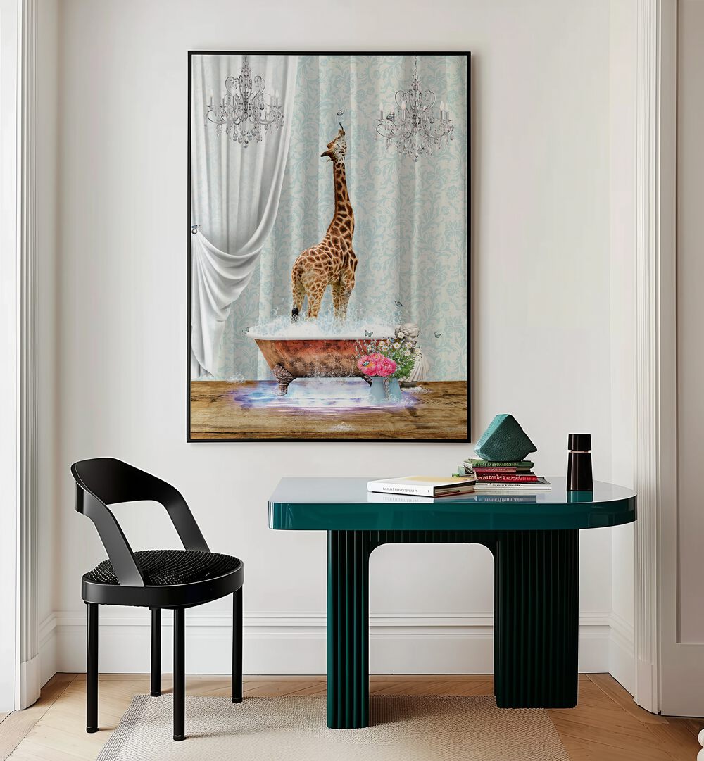 giraffe a bubbles by sue skellern wall art prints Artwork Vi placed on a wall