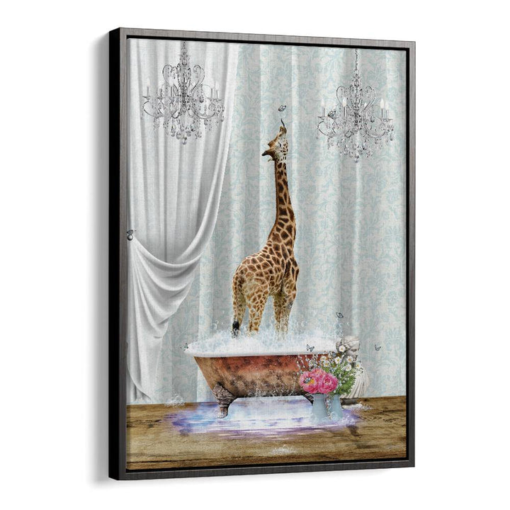 giraffe a bubbles by sue skellern wall art prints in Black Floater Frame