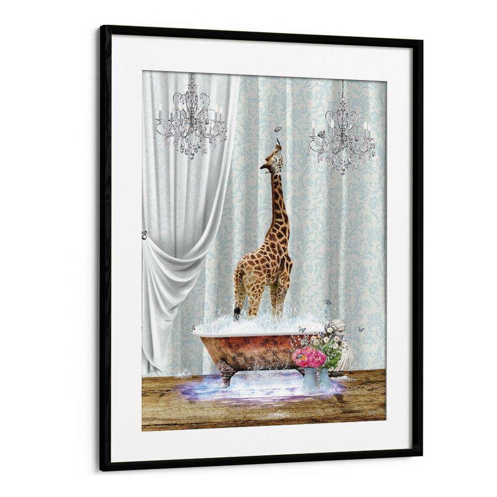 giraffe a bubbles by sue skellern wall art prints in Black Frame With Mount