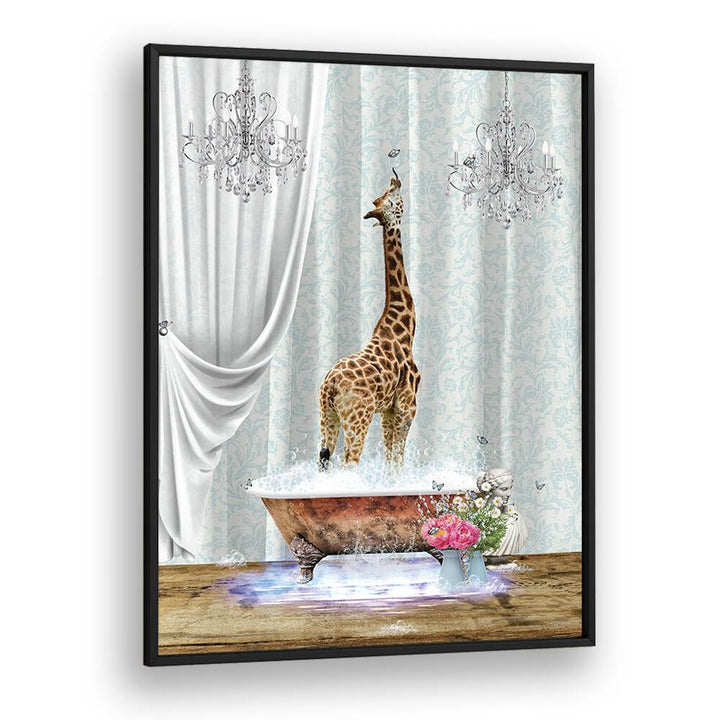 giraffe a bubbles by sue skellern wall art prints in Black Plain Frame