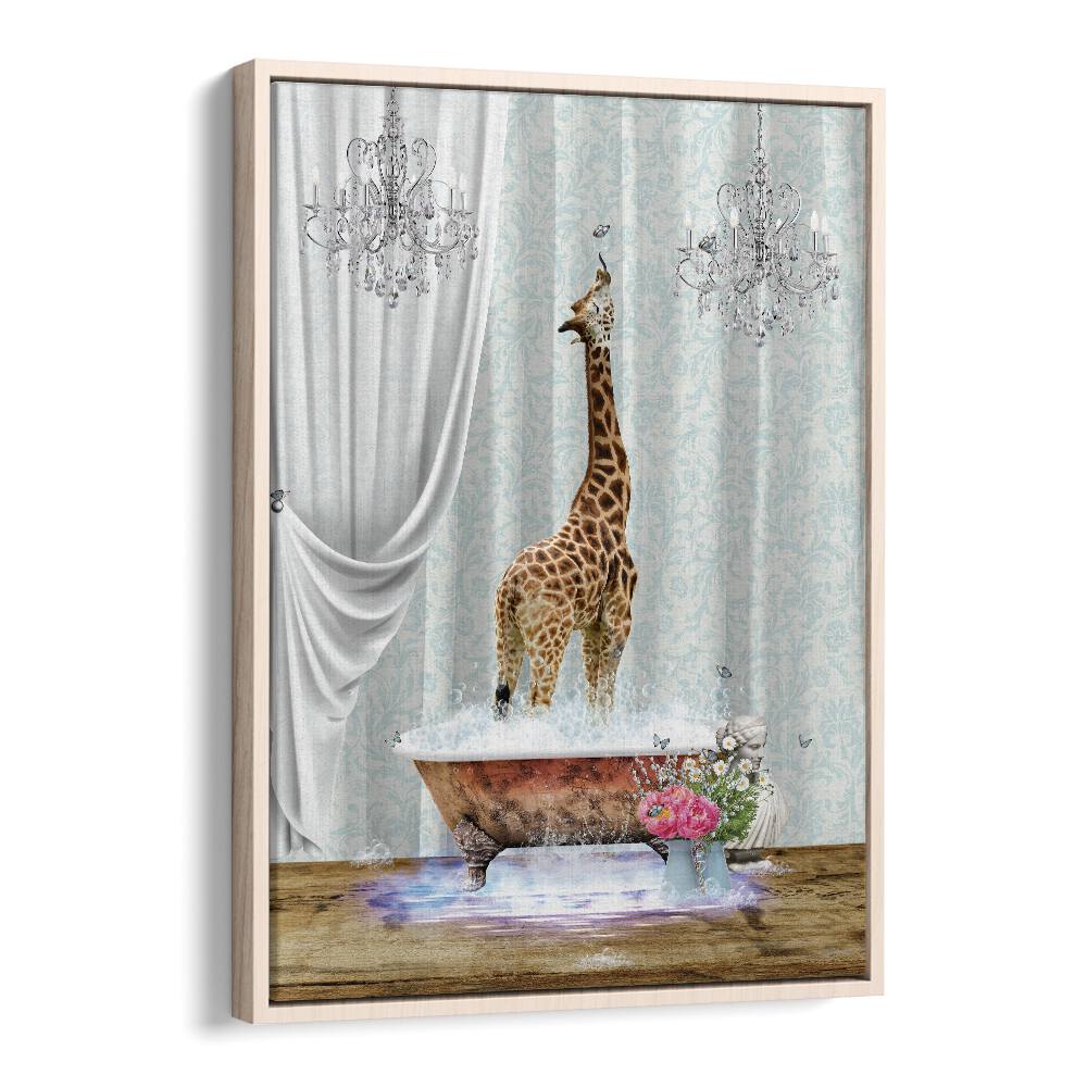 giraffe a bubbles by sue skellern wall art prints in Oak Wood Floater Frame