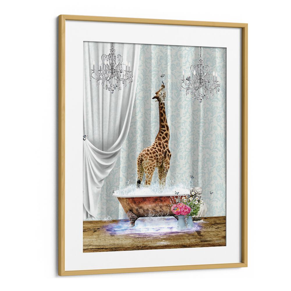 giraffe a bubbles by sue skellern wall art prints in Oak Wood Frame With Mount