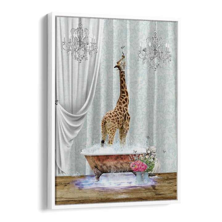 giraffe a bubbles by sue skellern wall art prints in White Floater Frame