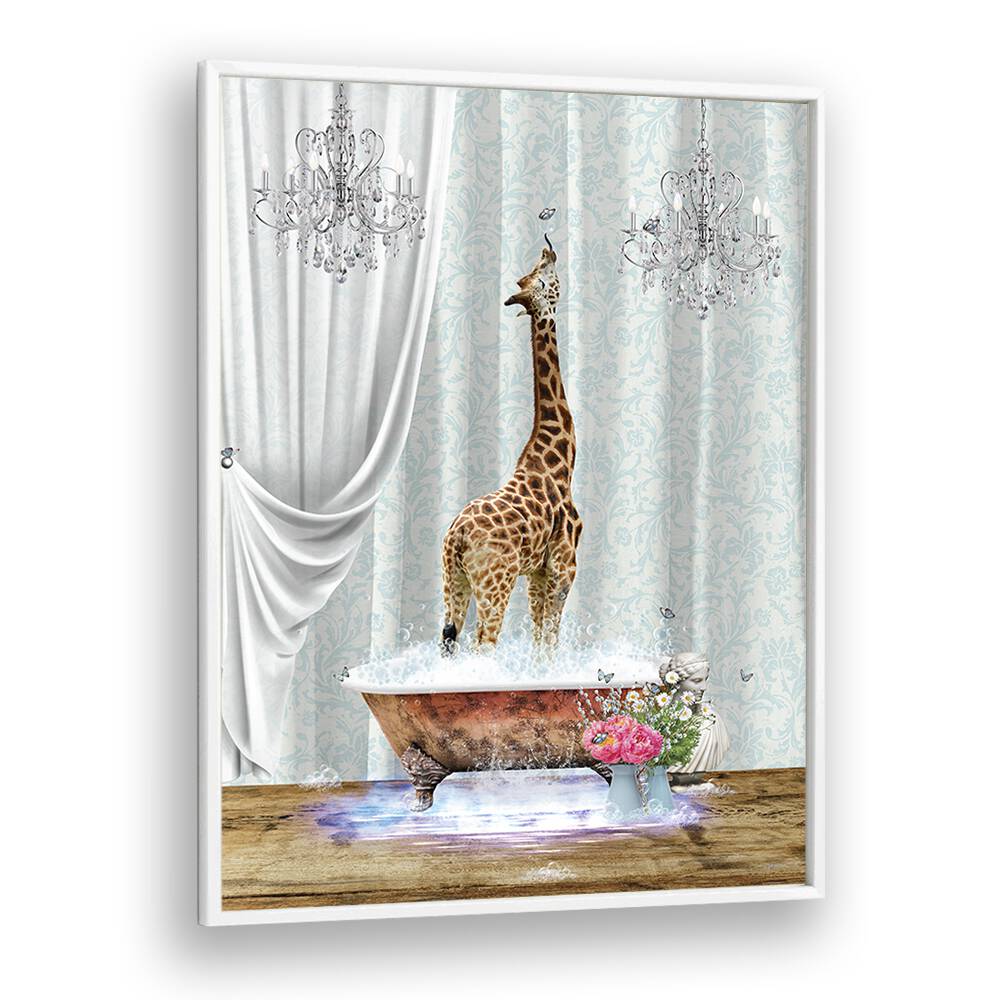 giraffe a bubbles by sue skellern wall art prints in White Plain Frame