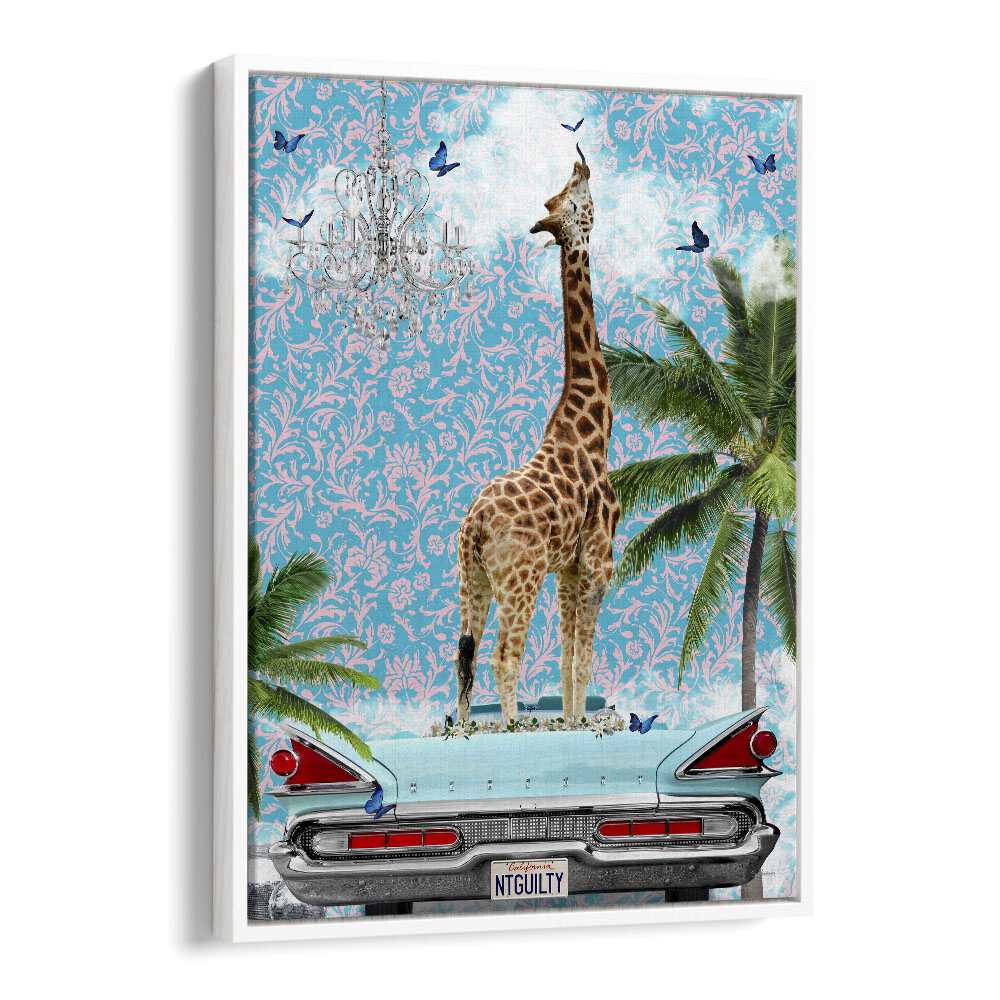 giraffe california dream by sue skellern wall art prints in White Floater Frame