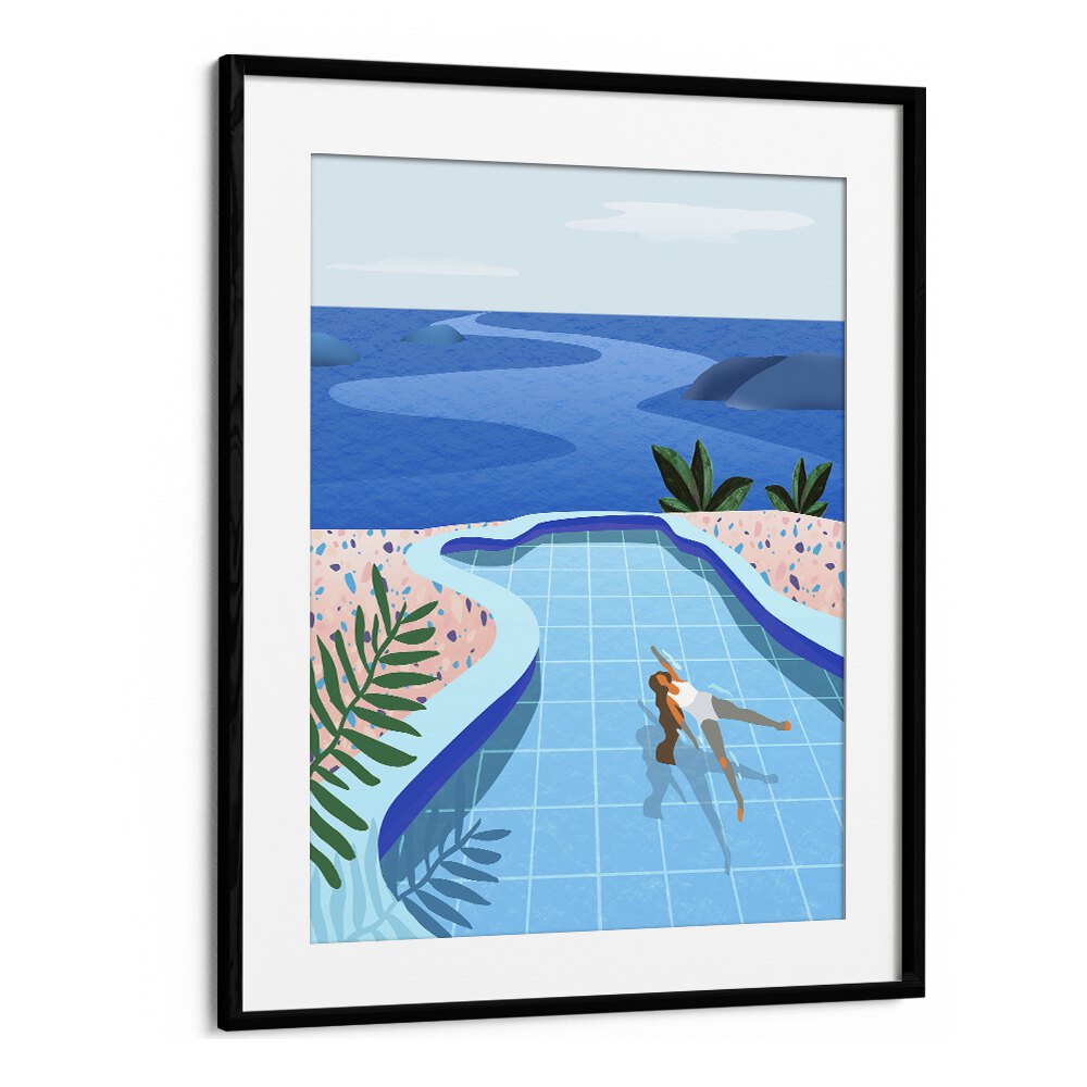 girl in pool by petra lidze wall art prints in Black Frame With Mount