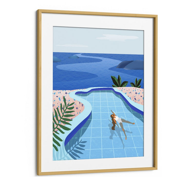 girl in pool by petra lidze wall art prints in Oak Wood Frame With Mount