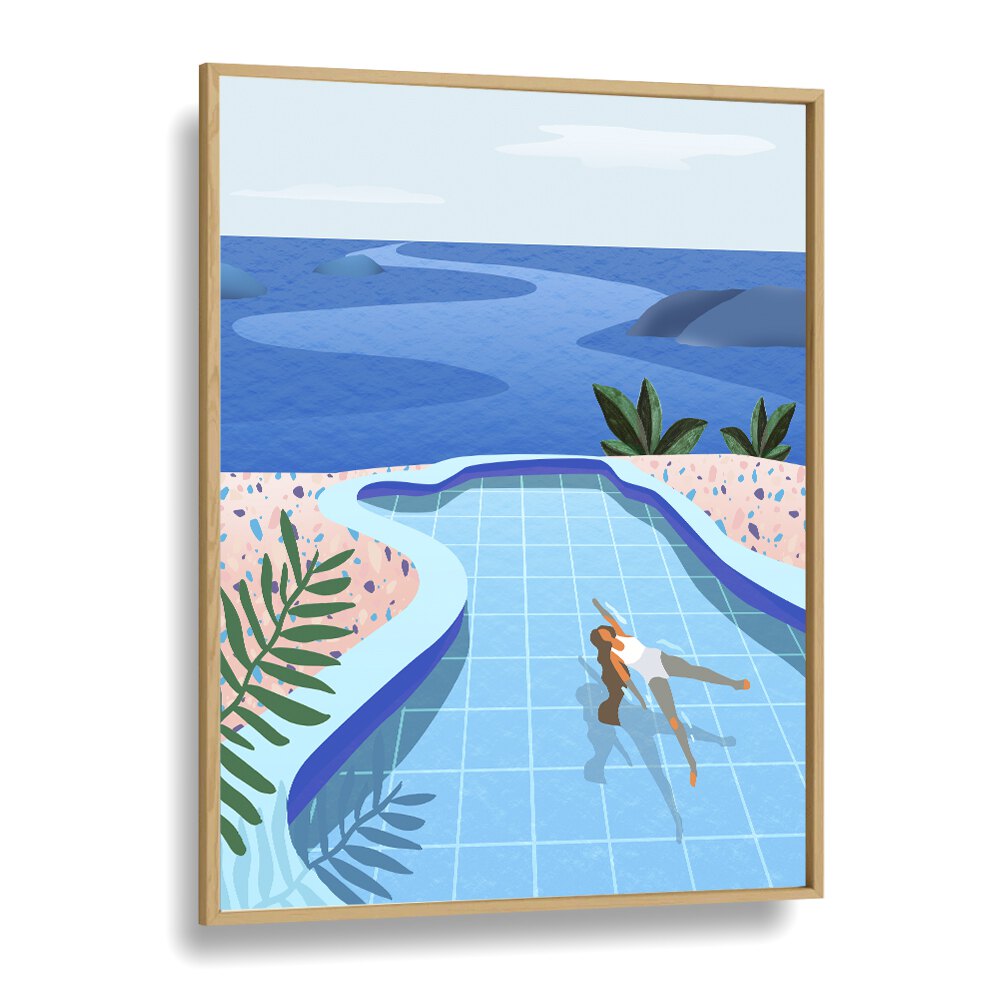 girl in pool by petra lidze wall art prints in Oak Wood Plain Frame