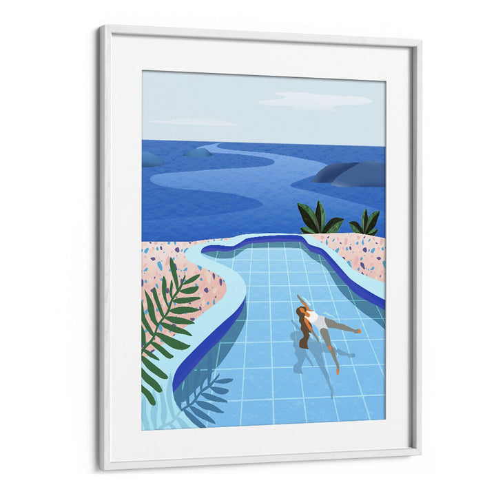 girl in pool by petra lidze wall art prints in White Frame With Mount