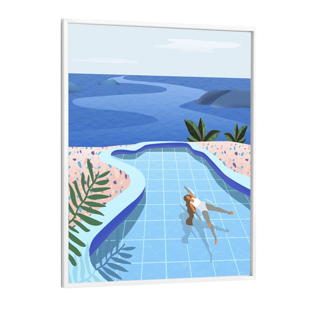 girl in pool by petra lidze wall art prints in White Plain Frame