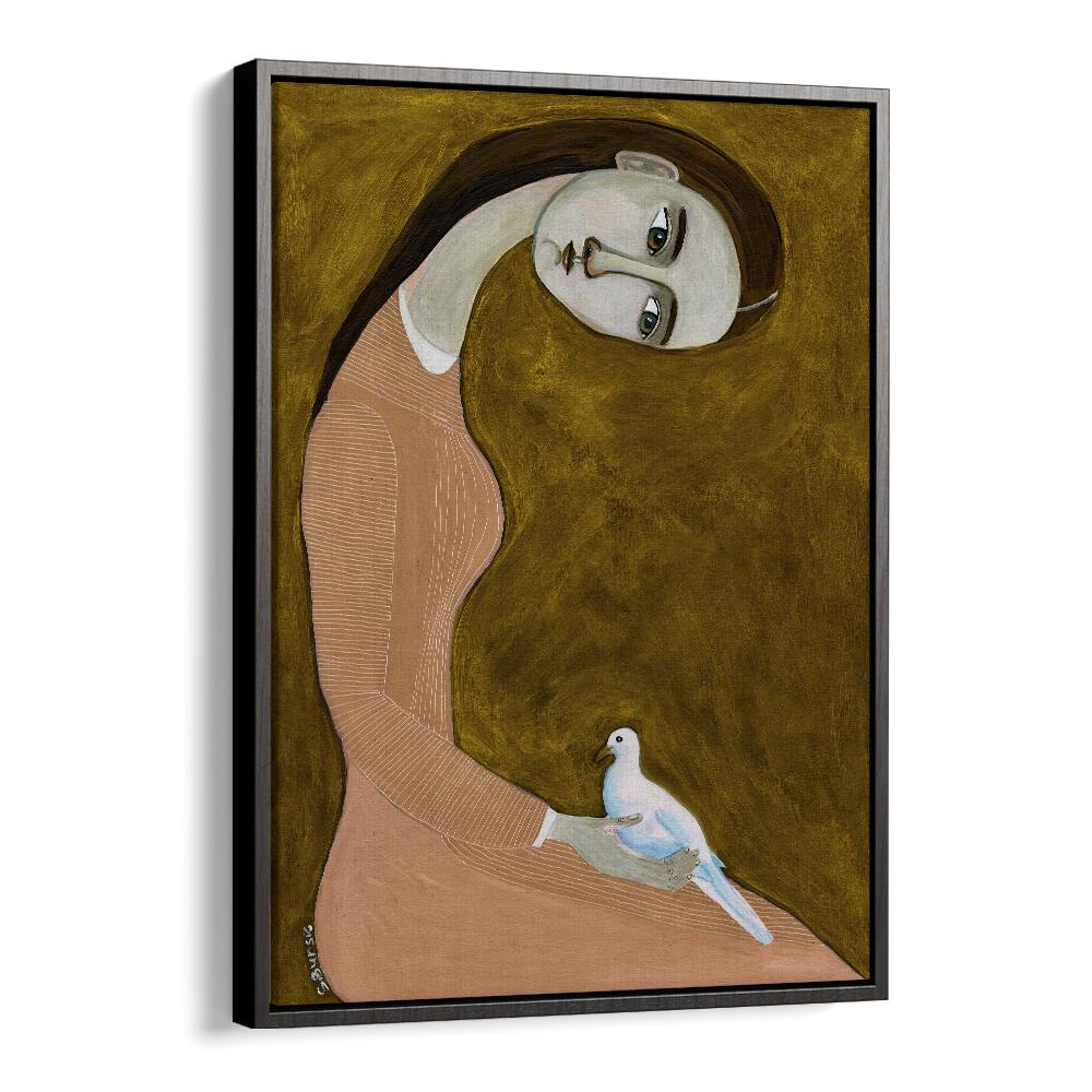 girl with dove sitting with pink dress ii women illustration paintings in Black Floater Frame