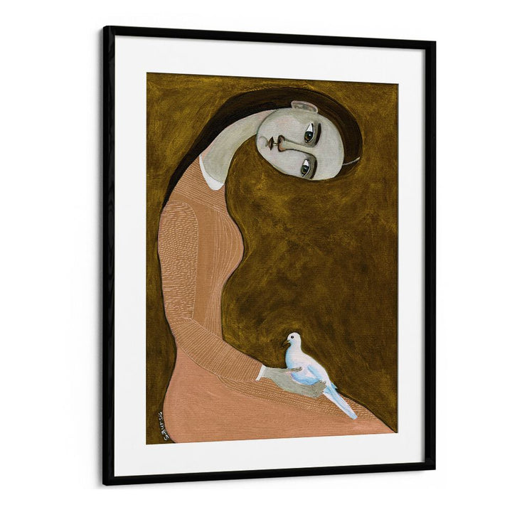 girl with dove sitting with pink dress ii women illustration paintings in Black Frame With Mount