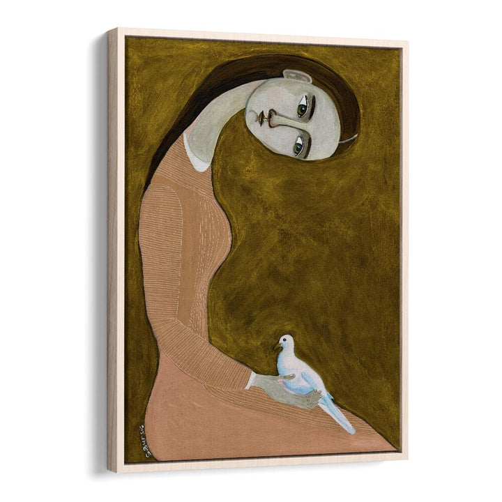 girl with dove sitting with pink dress ii women illustration paintings in Oak Wood Floater Frame